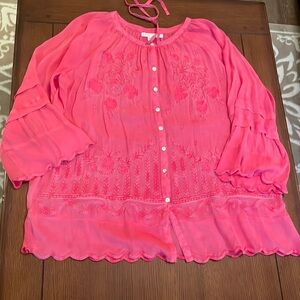 KARYN SEO BOHO EMBROIDERED Top. XL. Sheer. Scalloped edges.  Flowy. Red
